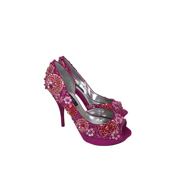 Nina Sadi Fuchsia Flower Sequins Platform High Heel Peep Toe Sandals Size 8 - Picture 1 of 8